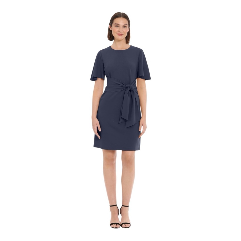 Donna Morgan Flutter Sleeve Front Tie Waist Sheath Dress Navy 8 Crepe Juniper